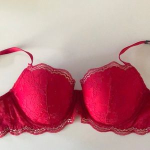 Victoria’s Secret red lace bra with gold detail